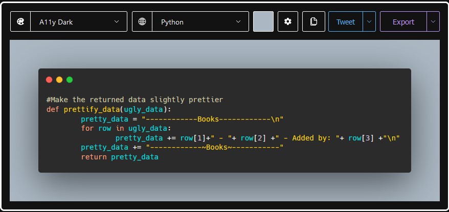 A screenshot of carbon.now.sh with the code pasted in