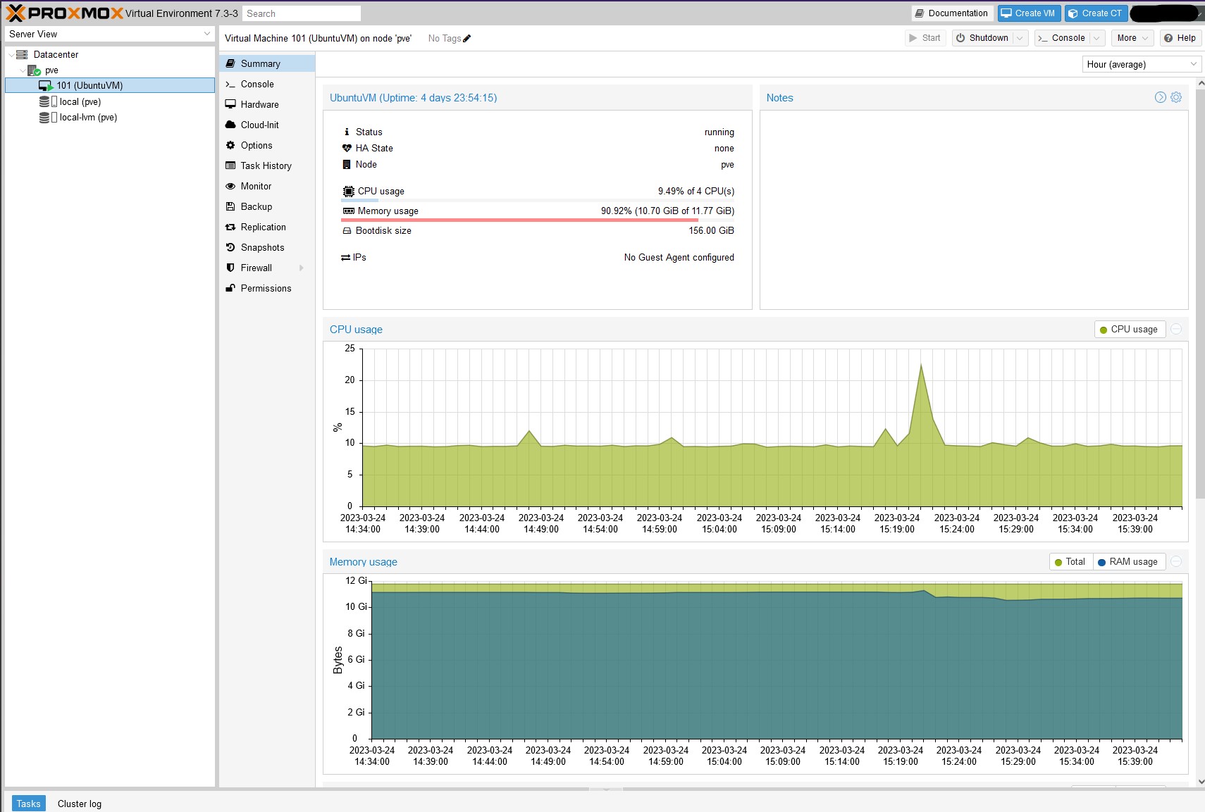 The Proxmox virtual machine management UI